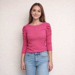W5 Anthropologie pink ribbed blouse statement sleeves stretchy size large
